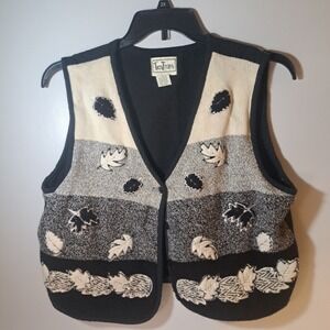 Vintage Fall Sweater Vest Women's Knit Falling Leaves Black Button Large Grandma